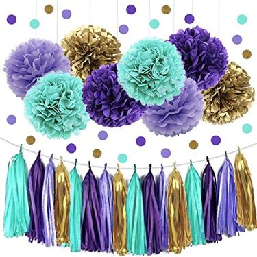 Imagem de IGUO 30Pcs Raya E O Último Dragão Decoração Roxo Lavanda Verde Dourado Papel de Seda Pompons Princesa Jasmin Flores de Festa Tecido Borla Guirlanda Guirlanda de Papel de Bolinhas para Chá de Bebê Sere