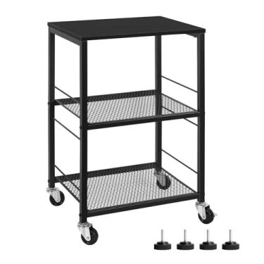 Imagem de MOOACE Mesa de canto de 3 camadas com roda, mesa lateral de prateleira de armazenamento com rodinhas para quarto, cozinha, sala de estar, escritório, moldura de metal estável e topo de madeira, preta