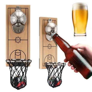 Imagem de Abridores de garrafa magnéticos exclusivos com coletor de rede, abridor de garrafa de cerveja de madeira montado na parede, saca-rolhas sem vestígios, acessórios de bar doméstico para cozinha, ao ar