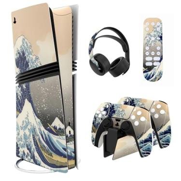 Imagem de PlayVital Conjunto completo de adesivos para console digital e disco ps5 Pro, acessórios de vinil para controle ps5, fone de ouvido, estação de carregamento e controle remoto de mídia, The Great Wave