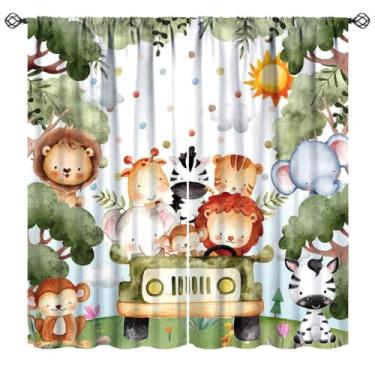 Imagem de Cortinas de safári tropicais para bebês, selva, árvores naturais, plantas, folhas, desenhos animados, animais fofos, leão, elefante, macaco, cortinas de janela para crianças, meninos, meninas, 106,7 x