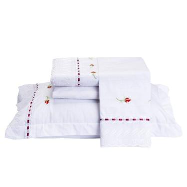 Imagem de Jogo de Lençol Queen Felicita 200 Fios Algodão Bordado 4 Peças - Branco