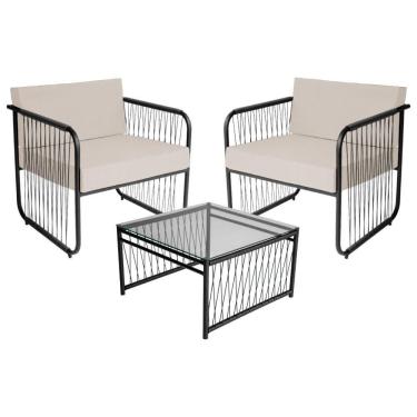 Imagem de Conjunto 2 Poltronas E Mesa Centro Fibra Sintética Córdova Preto-branco