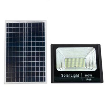 Imagem de HENGJINGTR Holofotes solares de 100 W, holofotes LED movidos a energia solar IP66, à prova d'água, luz solar para jardim externo com controle remoto para depósito, quintal e jardim