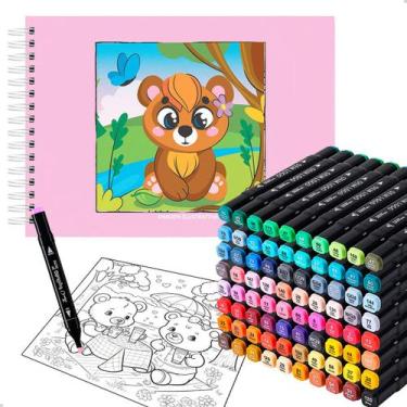 Imagem de Livro Para Pintura Arte + Conjunto 80 Canetinhas Ponta Dupla, Unico, L