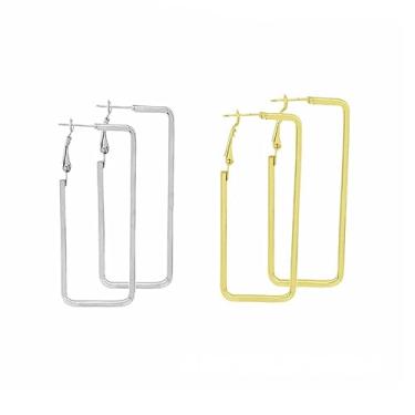 Imagem de 2 pares de brincos de argola geométrica de ouro e prata para mulheres, hexágono, redondo, quadrado, fino, conjunto de joias, Extra large, Liga de aço, Sem pedra preciosa