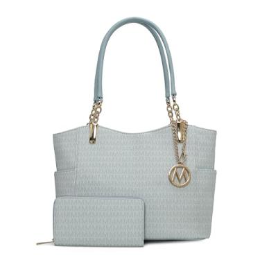Imagem de MKF Bolsa de ombro feminina e conjunto de carteira: Bolsa de mão de couro PU – Bolsa de bolso elegante com alça superior, Savannah azul claro, Large