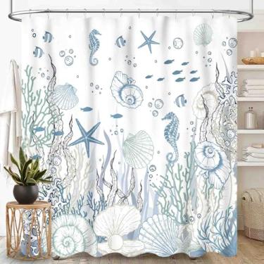 Imagem de TKUYO Cortinas de chuveiro náuticas costeiras, verão cavalo marinho estrela do mar coral oceano praia concha praia animais submarinos tecido impermeável conjunto de cortina de chuveiro de banheiro com