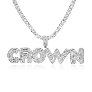 Imagem de Corrente de letras banhada a ouro 18K DIY Full CZ Bubble Letter Colar para homens e mulheres, nome personalizado, 2 a 7 peças, pingente de inicial brilhante com coroa, com corrente de corda ou