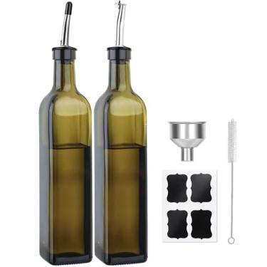 Imagem de MEIDAYAI Garrafa dispensadora de azeite, 2 peças de garrafas de óleo de vidro verde para cozinha, conjunto de dispensador de óleo e vinagre com despejadores e funil - Dispensador de óleo de 500 ml