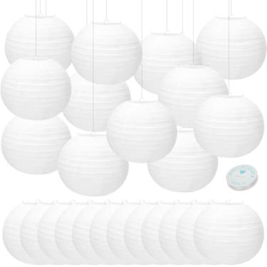 Imagem de 24 peças de lanternas de papel branco penduradas em papel redondo lâmpada decorativa chinesa e japonesa com linha de pesca transparente para casamento, formatura, aniversário, noiva, decoração de