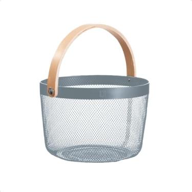 Imagem de Cesto Organizador Multiuso Redondo Metal Aramado Telado com Alça de Madeira Caixa Decorativa Fruteira Piquenique Cozinha Livros Brinquedos (Azul)