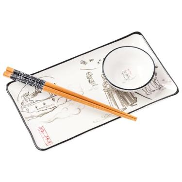 Imagem de Silver Buffalo Arte japonesa em aquarela Star Wars com Jabba the Hutt, Darth Vader, Stormtroopers conjunto de sushi de cerâmica com molho e pauzinhos combinando