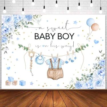 Imagem de InMemory Pano de fundo Oh Boy Baby Shower Aquarela flores azuis fundo It's a Boy On His Way We Can Bearly Wait Tema Festa Bolo Decorações de Mesa Banner Photoshoot Adereços 2,1 x 1,5 m