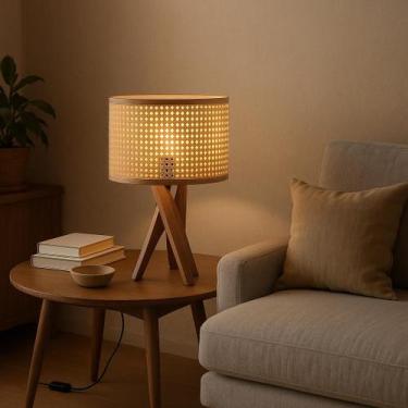 Imagem de Abajur De Mesa Design Rústico Palha Indiana Base Em Madeira - LCN Móve