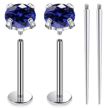 Imagem de Ruifan ASTM F136 titânio bochecha piercing barra jóias internamente rosca plana língua anéis azul zircônia cúbica sólido titânio labret piercing corporal joias para mulheres homens 14G 14 mm