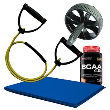 Imagem de Kit Roda Abdominal + Colchonete Yoga + Extensor Elástico (Roxo) + Bcaa 100g tangerina - Bodybuilders
