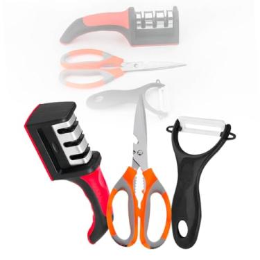 Imagem de Kit Cozinha 3 Peças, Amolador de Facas com 3 Níveis, Tesoura Multiuso, Descascador de Legumes, Vermelho e Preto
