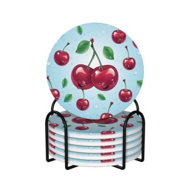 Imagem de Porta-copos para bebidas, conjunto de 6 porta-copos redondos absorventes de cerâmica antiderrapante com suporte e base de cortiça tapete de copo reutilizável porta-copos de cereja para tipos de xícara