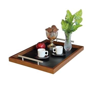 Imagem de Bandeja Decorativa Retangular Maraka com Alças em Aço Inox Escovado e Borda em Madeira Maciça 20mm, Dimensões 49x37x3cm (Borda em Madeira Fundo Preto)