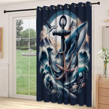 Imagem de Divisória de parede de cortina de divisória náutica, impressão temática marinha de âncora de baleia ondas, conchas estrela-do-mar e gaivota, adequada para portas de vidro deslizantes, cortinas