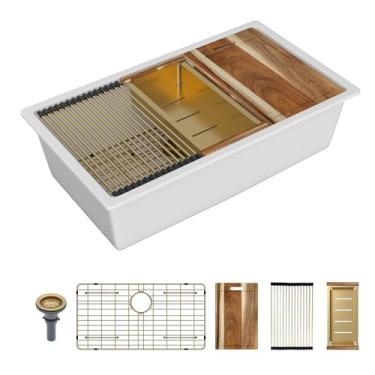 Imagem de Sarlai Pia de cozinha composta de granito 33 – 83 x 48 cm de granito embaixo da pia da cozinha estação de trabalho sob a montagem de quartzo branco clássico pia única bacia sob bancada com acessórios