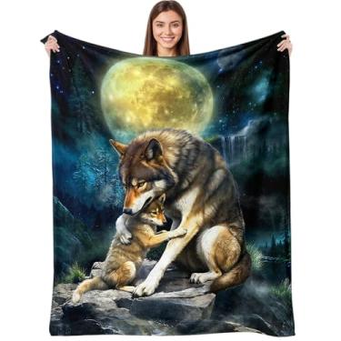 Imagem de Cobertor de lobo para crianças 127 cm x 152 cm, cobertor de floresta lunar, presentes de lobo para mulheres e homens, cobertores de flanela leve e aconchegante, marrom amarelo macio para sofá-cama