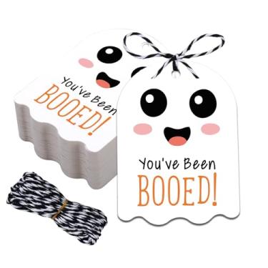 Imagem de Etiquetas de Halloween com cordão, 80 peças de etiquetas de presente You've Been Booed, etiqueta de feliz dia das bruxas para sacolas de brindes, etiquetas de nome fofas, sacos de boo, decorações de
