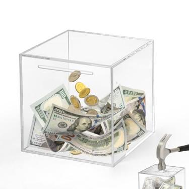 Imagem de Imeepa Cofrinho transparente para adultos e crianças – Caixa de acrílico para dinheiro e moedas, deve quebrar para abrir, cofrinho não aberto para meninos e meninas (transparente, 14 cm)