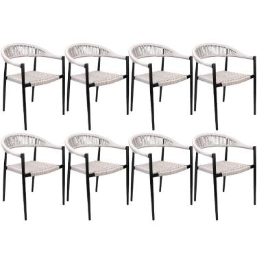 Imagem de Kit 08 Cadeiras Decorativas área Gourmet Base Preto Corda Náutica Nevada R01 Amêndoa - Lyam Decor