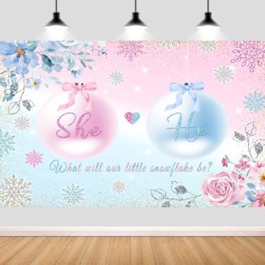 Imagem de Pano de fundo revelador de gênero de floco de neve de inverno de 3 x 2 m, glitter de Natal rosa ou azul floral para meninos ou meninas, decoração de festa de chá de bebê, faixa de fundo de fotografia