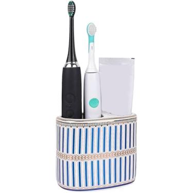 Imagem de Suporte de escova de dentes de cerâmica com padrão de coluna azul e detalhes dourados, pasta de dentes moderna e organizador de lâminas para bancada de banheiro, penteadeira, decoração de pia