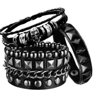 Imagem de Ulekuke Conjunto de 4 pulseiras de couro punk rock cravejadas para homens e mulheres dos anos 80 com punho ajustável e acessórios de joias retrô emo, One size, Couro, Sem Pedra Preciosa