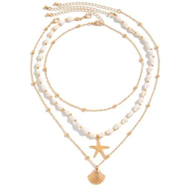 Imagem de nylry Colar de concha para mulheres, colar de concha do mar, em camadas, dourado, boêmio, verão, praia, para mulheres, ajustável, pérola, concha, estrela-do-mar, férias, litoral, praia, joias