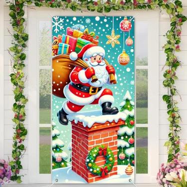 Imagem de BlissYard Capa de porta de Natal, decoração de Papai Noel na chaminé, saco de presente 89 x 188 cm, faixa para porta da frente, decoração de Natal para casa, férias, cenário de fotos de Natal