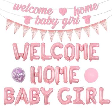 Imagem de Decorações Welcome Home Baby Girl – Balões de ouro rosa, bandeiras, bandeiras, bandeiras, bandeirinhas com glitter, balão de látex para casa, família, meninas, chá de bebê, bem-vindas, artigos de