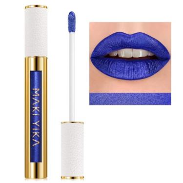 Imagem de MAKI YIKA Batom azul para mulheres, batons metálicos, glíter, longa duração, sem manchas, sem transferência, brilho labial rosa líquido (BR015 Blue Storm)