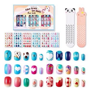 Imagem de Modelones Unhas postiças de pressão para crianças, pacote com 6, unhas postiças de acrílico, pré-cola, cobertura completa, glitter, cor gradiente, coração, gato, kits curtos de arte de unhas postiças