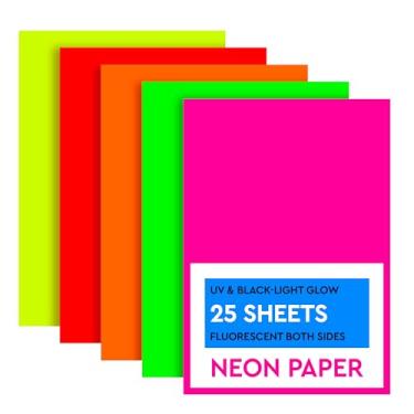 Imagem de 25 folhas de papel neon - papel de construção neon de 250 g/m², 5 cores, reativo a UV e luz negra, fácil de cortar, leve - Estoque decorativo para artesanato, decoração de pista de dança e festa de