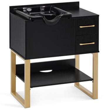 Imagem de BarberPub Armário de xampu com pia, moderna estação de retrolavagem de salão com tigela, descanso de pescoço, 2 gavetas, prateleira de armazenamento, controle quente e frio 7135 (preto)