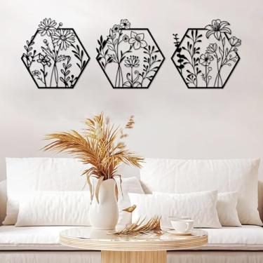Imagem de ESTART 3 peças de decoração de parede de flor de metal minimalista decoração de parede flor pendurada banheiro arte esculturas para quarto, banheiro, sala de estar, cozinha, sala de jantar (preto)