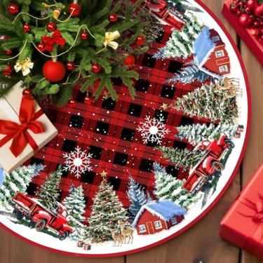 Imagem de FIVZHH Saia para árvore de Natal, 121 cm, capa macia, para decoração de árvore vermelha, retrô, para festas de ano novo, decoração interna e externa (xadrez de búfalo)