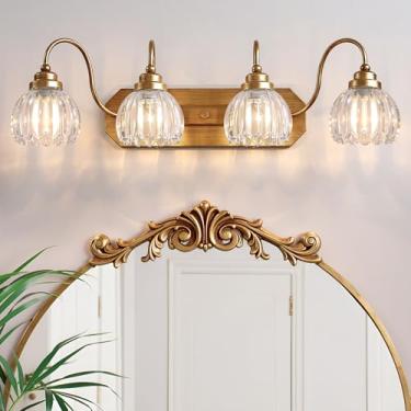 Imagem de Luminária dourada para banheiro, luminárias vintage para banheiro, acabamento de latão antigo fosco de 4 luzes com sombra de vidro cristal, arandelas de parede estilo meados do século para quarto