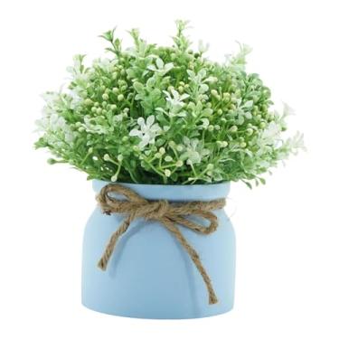 Imagem de Bothyi Pequenas plantas artificiais em vasos, mini arranjos florais de plantas domésticas, flores falsas de orquídea em vaso para prateleira de casamento, Pote Azul
