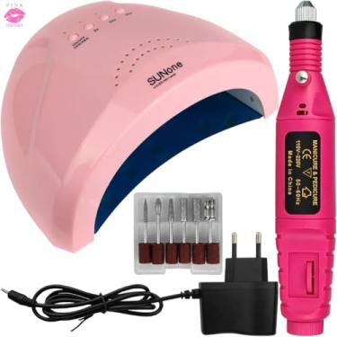 Imagem de Kit Manicure Completo com Cabine LED UV Sun One 48W 30 LEDs e Lixadeira Elétrica Caneta 20.000RPM Bivolt para Unhas Gel Acrílico Fibra (Rosa)