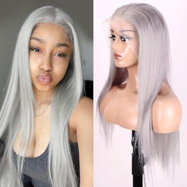 Imagem de Mysyty Perucas de cabelo humano liso prateado cinza pré-arrancado 13 x 4 HD peruca frontal de renda transparente sem cola platina perucas frontais para mulheres 45,7 cm densidade 180