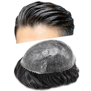 Imagem de Toupee Peruca masculina de poliuretano durável para prótese masculina pele de poliéster cabelo humano preto + 20% cinza - 120% médio leve a médio