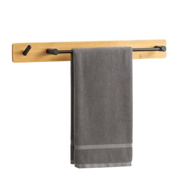 Imagem de Porta Toalhas de Bambu com Haste em Metal Preto – Suporte Autoadesivo Sem Furação, Resistente à Umidade, Ideal para Banheiro, Lavabo e Cozinha – 40cm, Até 1kg