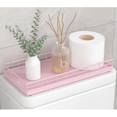 Imagem de Organizador de bandeja de vaso sanitário – Cesta de balcão de banheiro de madeira de carvalho com moldura de metal, parte traseira do vaso sanitário ou suporte de papel para tanque – decoração moderna