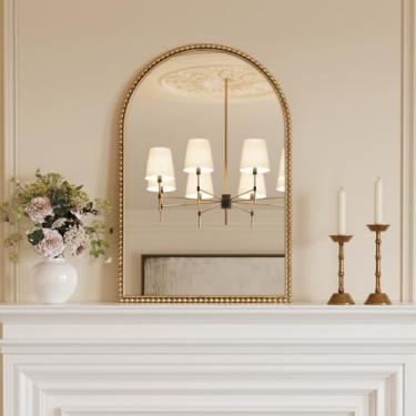 Imagem de Espelho de parede arqueado - 61 cm x 91 cm moldura de contas de metal com detalhes decorativos, decoração de parede suspensa para banheiro, quarto, sala de estar, entrada, ouro antigo